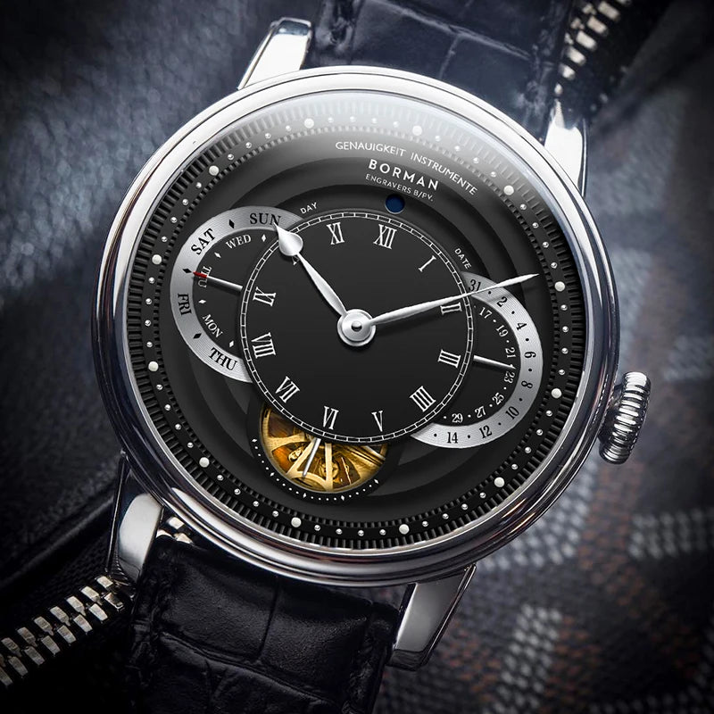 BORMAN Design Luxury Men Automatic Wrist Watch Skeleton Dial Genuine Leather Strap Sapphire Crystal Glass Automatic Watch