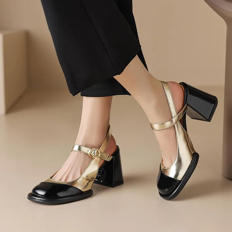 Gold Silver High Heels for Women 2024 Fashion Round Toe Genuine Leather Slingbacks Pumps Elegant Lady Heeled Shoes Summer Sandal