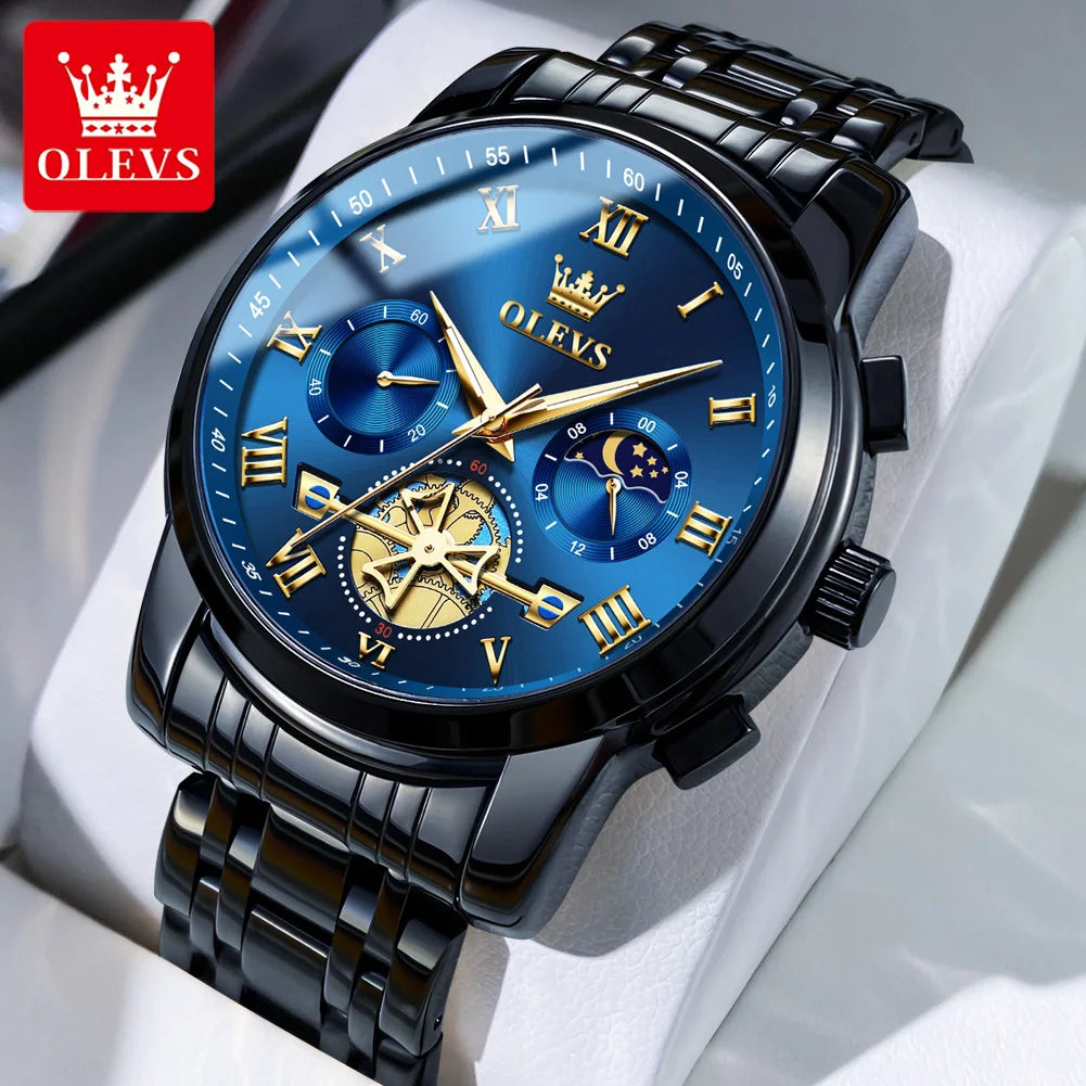 OLEVS Top Brand Couple Watches Stainless Steel Waterpoof Chronograph Moon Phase Flywheel Design Lover's Wristwatch for Men Women