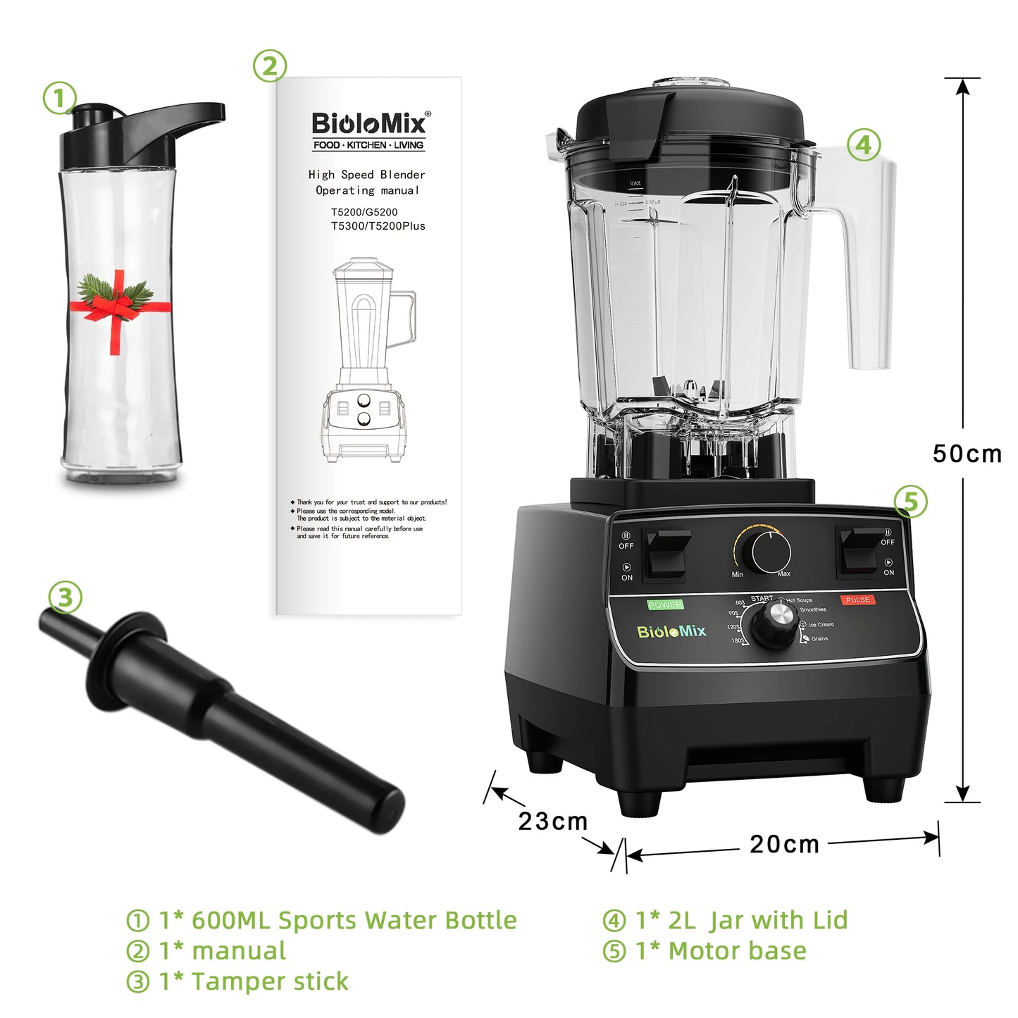 BioloMix 2200W Professional Smart Timer Pre-programed Blender, 2L round jar, Mixer Juicer Food Processor Ice Smoothies Crusher