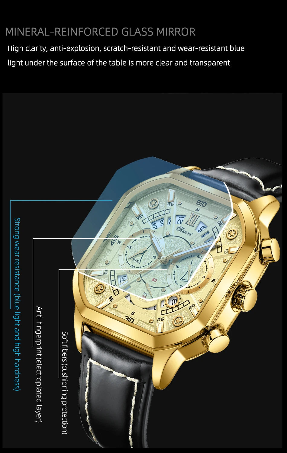 CHENXI High Quality Multifunctional Business Leisure Watches For Man Square Dial Leather Strap Quartz Wristwatches Clock Gifts
