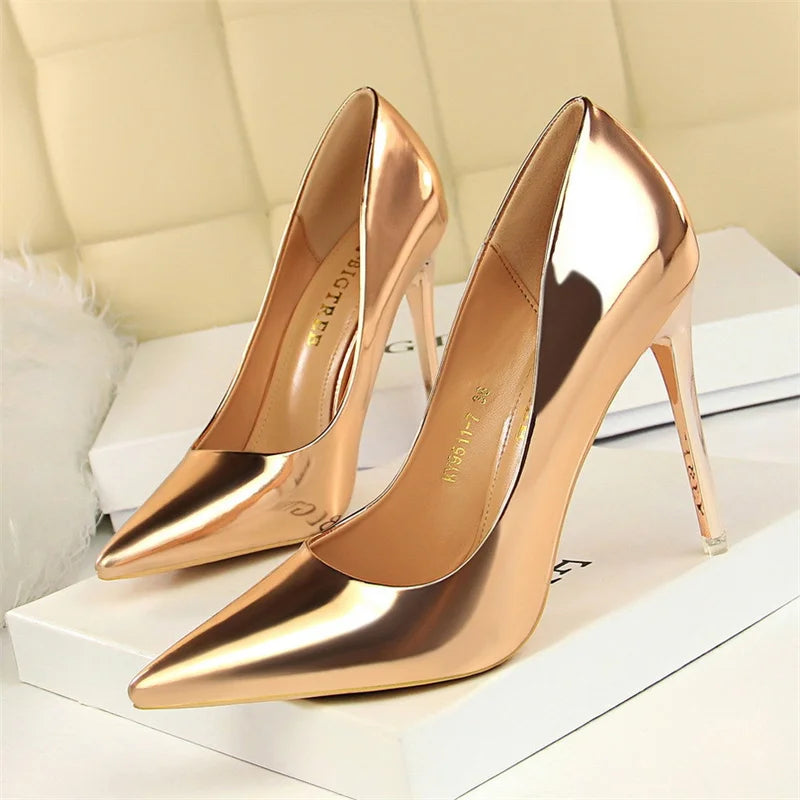 Fashion Metal Women Patent Leather Shallow Mouth Thin High Heel Shoes Elegant Comfort Pointed Toe Gold Silver Party Heel Pumps