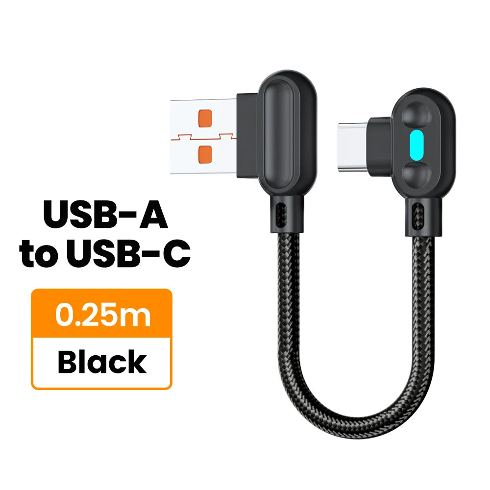 100W USB To Type C Fast Charging Cable 90° Double Elbow Bend Mobile Game Fast Charging Cable For Xiaomi Huawei With LED 0.25m/1m