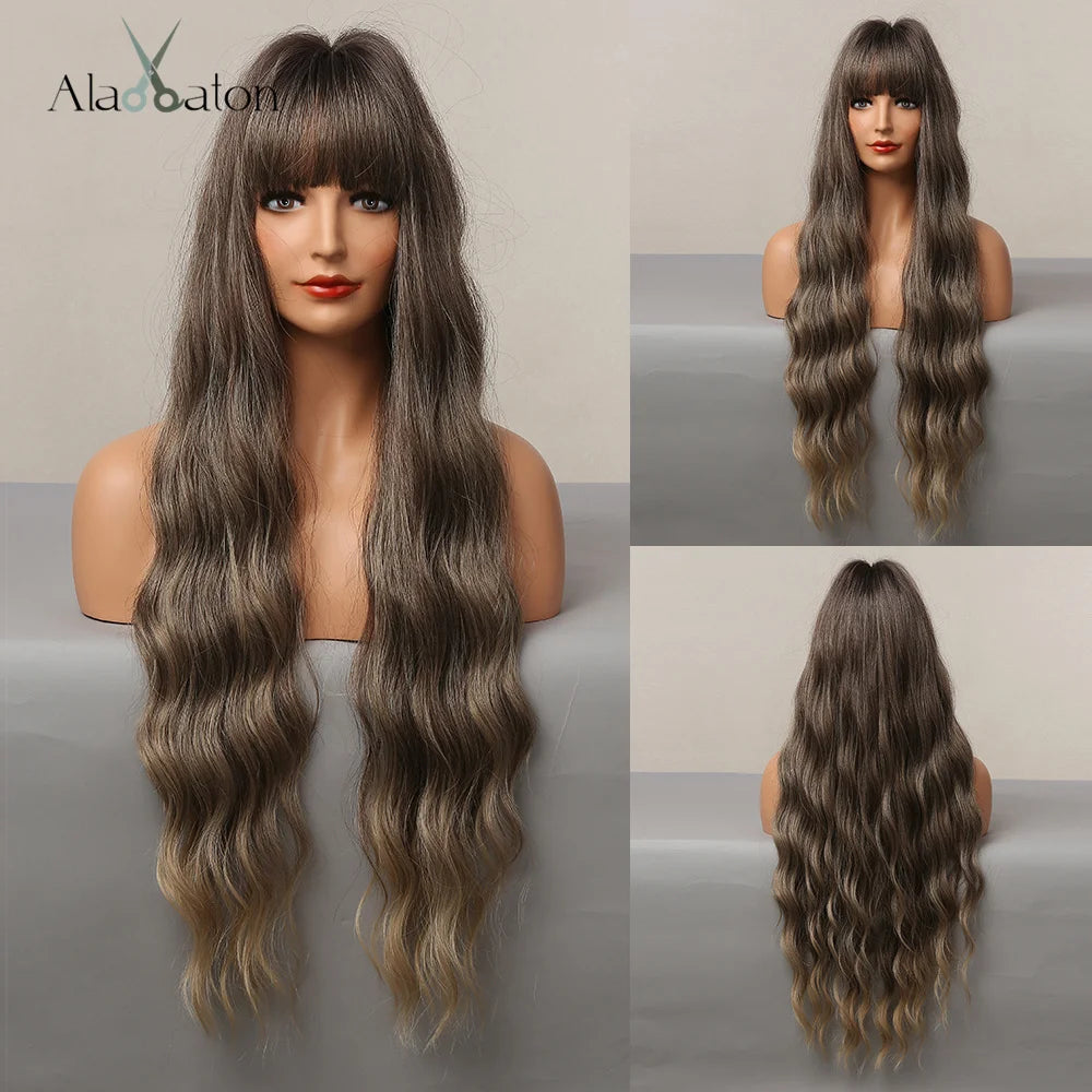ALAN EATON Long Curly Wavy Synthetic Wigs for Women Brown to Blonde Ombre Hair Wig Ntural Middle Parted Party Wig Heat Resistant