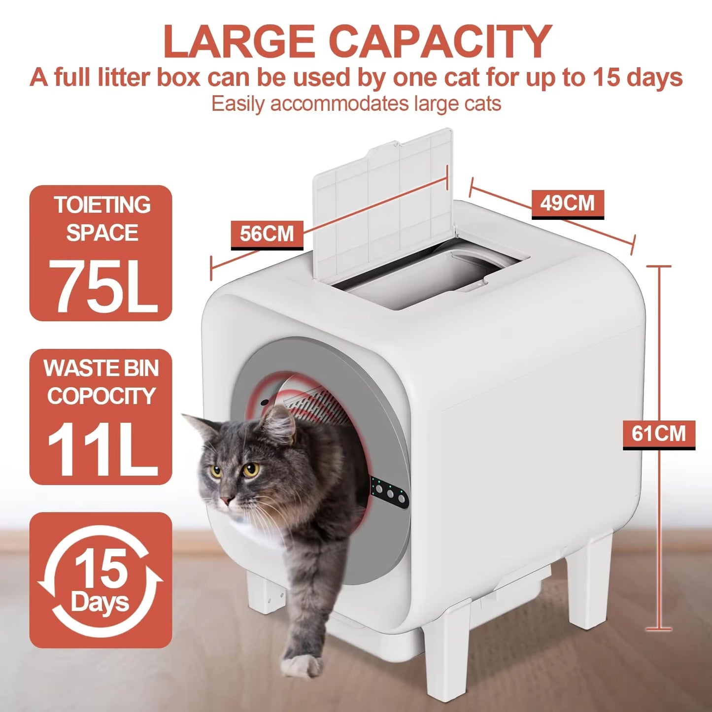 Smart Self-Cleaning Cat Litter Box Odor-Removal Design Hands-Free Cleanup Cat Toilet 75L Automatic WiFi APP Control