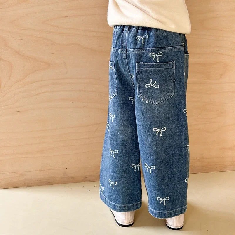 Childrens Clothing 2024 Autumn New Korean Bow Loose Jeans Trendy Girls Cute Clothes Teenage Girls Clothing