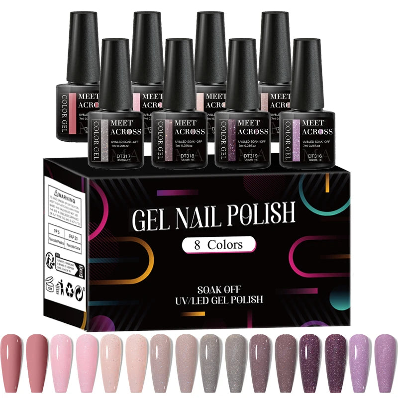 MEET ACROSS 8Pcs/Set Red Pink Gel Nail Polish Spring Colorful Laser Nail Art Gel Varnish Nail Supplies Manicure For Nails