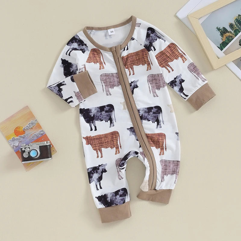 FOCUSNORM 0-12M Autumn Infant Baby Boys Girls Western Jumpsuits 3 Style Cow Head Floral Print Long Sleeve Zipper Romper