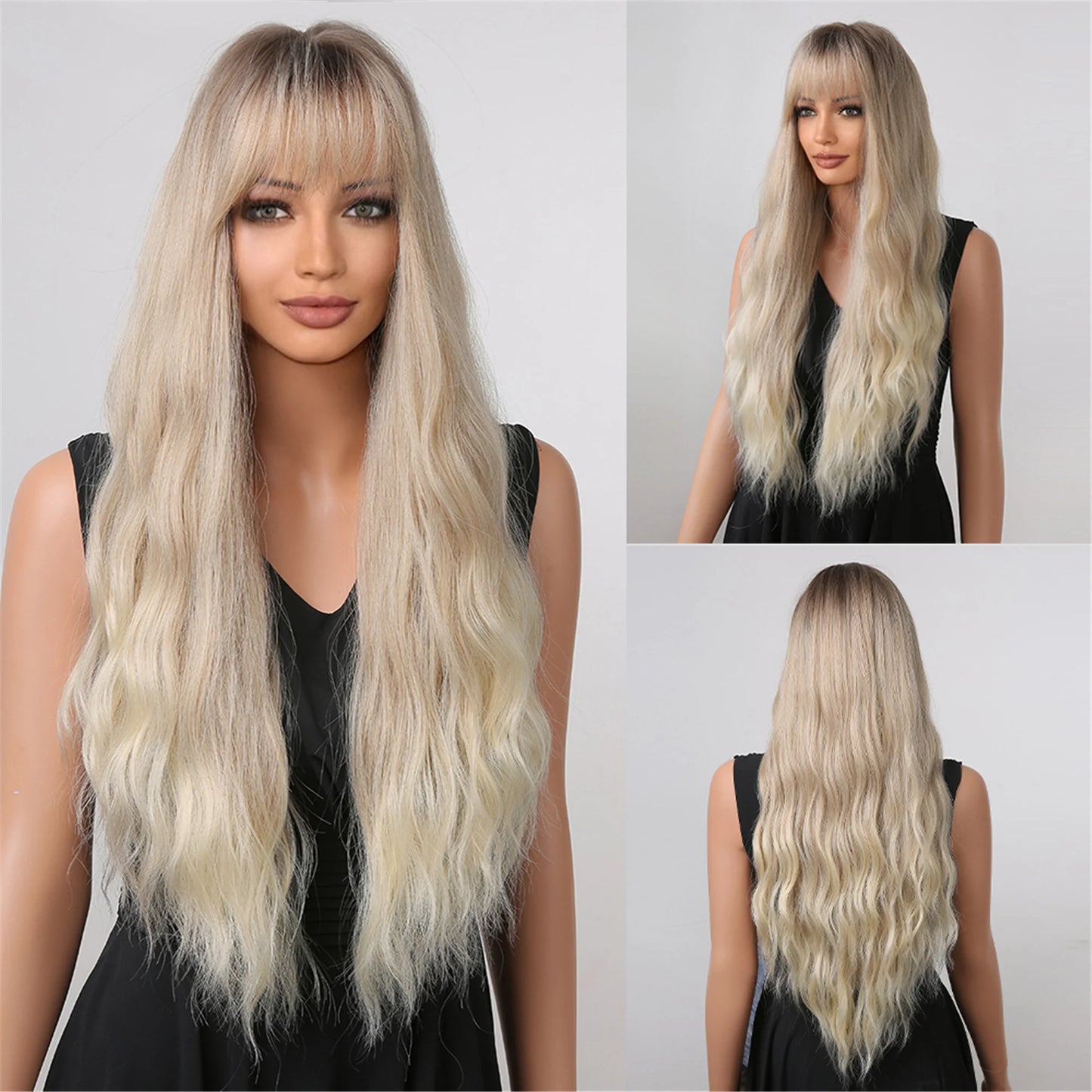 ALAN EATON Long Curly Wavy Synthetic Wigs for Women Brown to Blonde Ombre Hair Wig Ntural Middle Parted Party Wig Heat Resistant