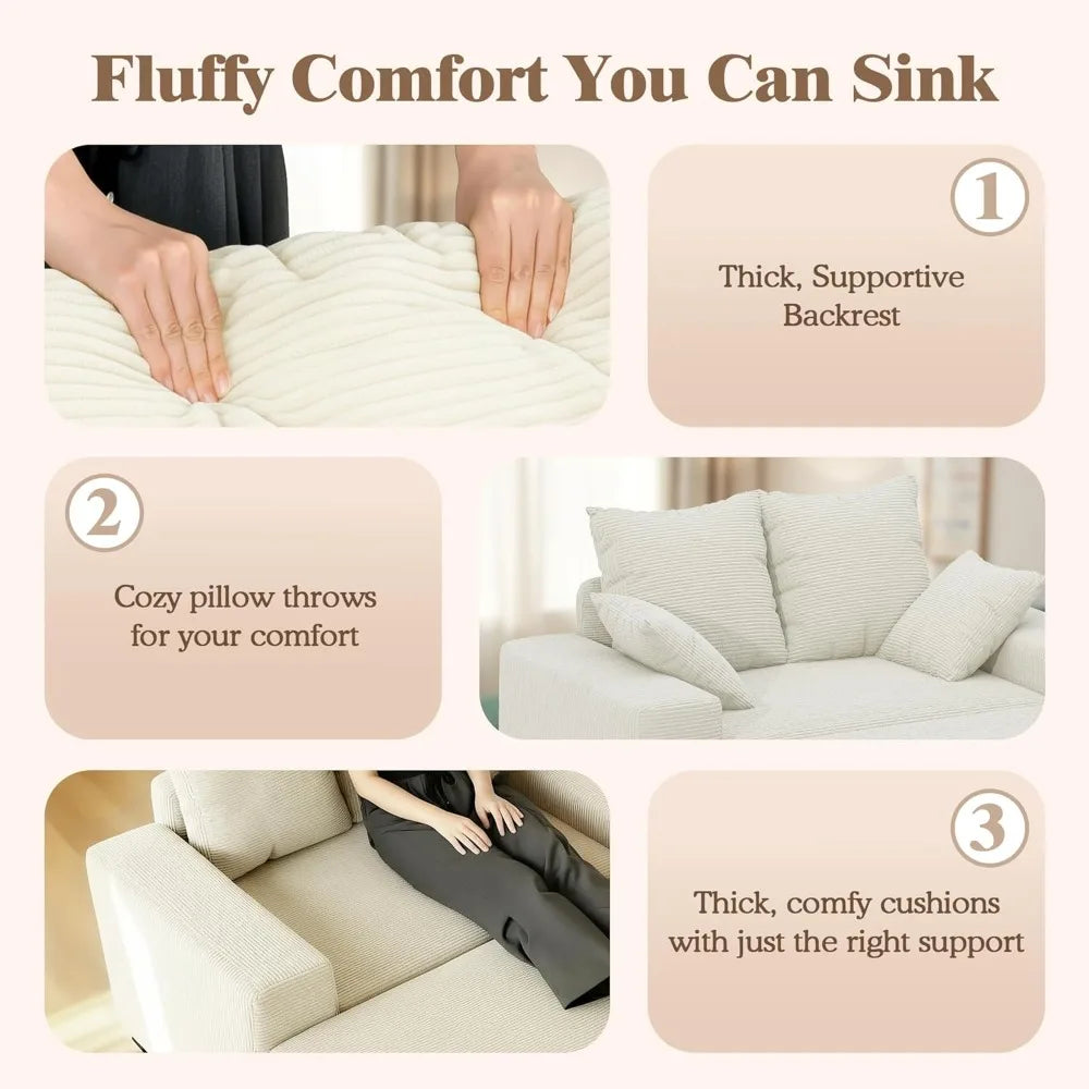 Oversized Chaise Lounge Chair with Storage Ottoman, 60" Corduroy Sofa with 4 Pillows, Wide Armrests for Living Room