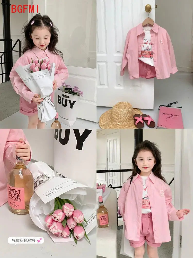 Fashion Baby Girl Pink Shirt Cotton Infant Toddler Child Loose Blouses Solid Color Spring Autumn Summer Teens kid Clothes 1-11Y