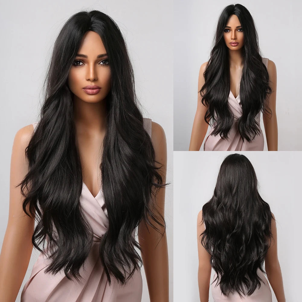 ALAN EATON Long Curly Wavy Synthetic Wigs for Women Brown to Blonde Ombre Hair Wig Ntural Middle Parted Party Wig Heat Resistant