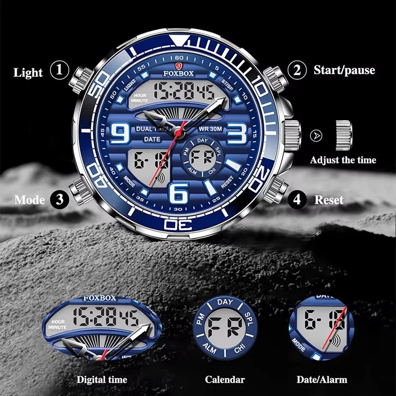 Luxury Man Watch LED Dual Display Luminous Calendar Week Mens Watch Waterproof Stainless Steel Chronograph Quartz Men Watches
