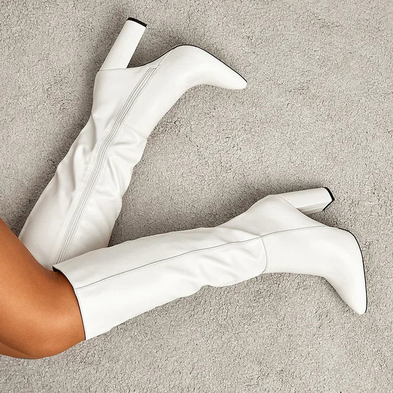 Sexy Pointed Toe Side Long Zipper Knight Boots Fashion Soft Leather Knee-high Women Boot Square High-heeledclub Dance Party Shoe