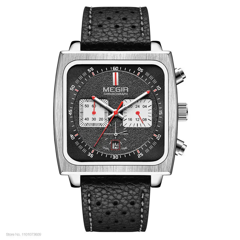 MEGIR Square Dial Chronograph Quartz Watches for Men Fashion Blue Leather Strap Casual Sport Wristwatch with Date 24-hour 2182
