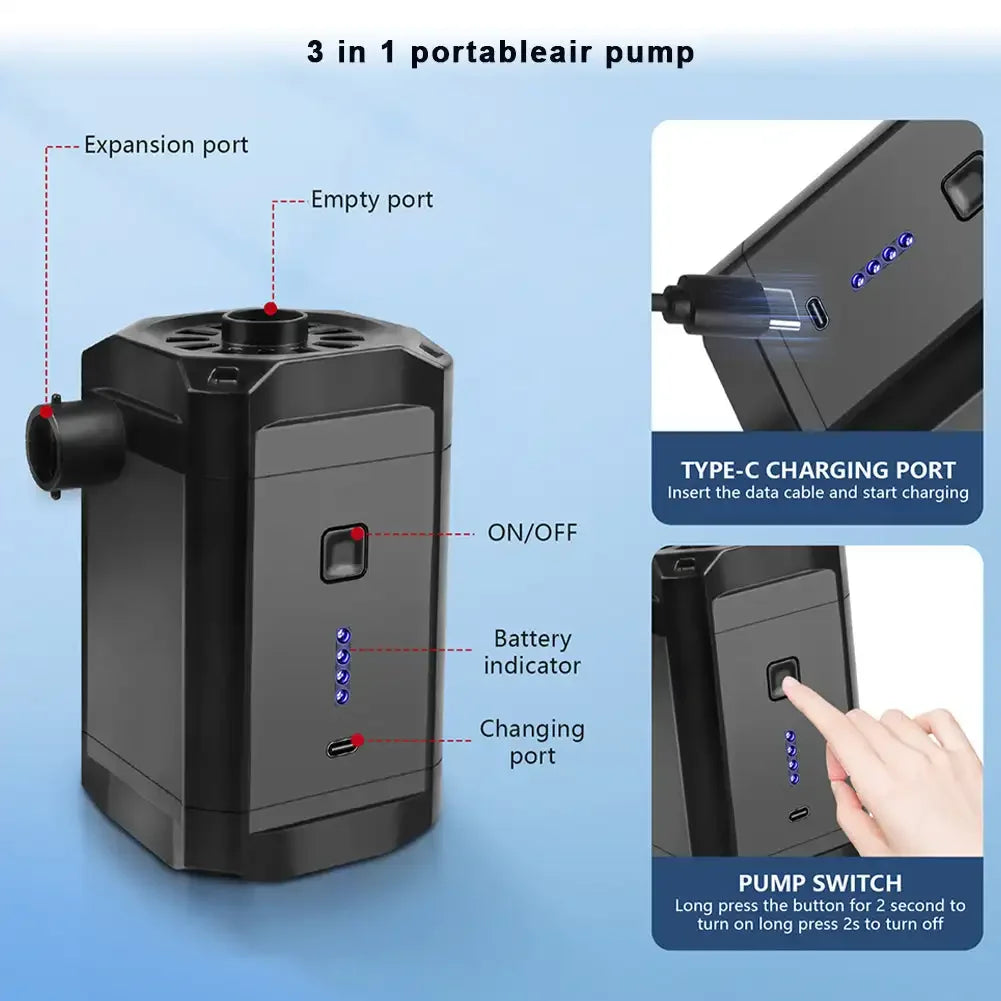 Electric Air Pump Inflator Air Compressor Battery Rechargeable Portable For PVC Boat Mattress Inflatable Pool Raft Tyre Balls