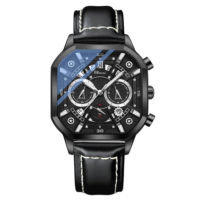 CHENXI High Quality Multifunctional Business Leisure Watches For Man Square Dial Leather Strap Quartz Wristwatches Clock Gifts