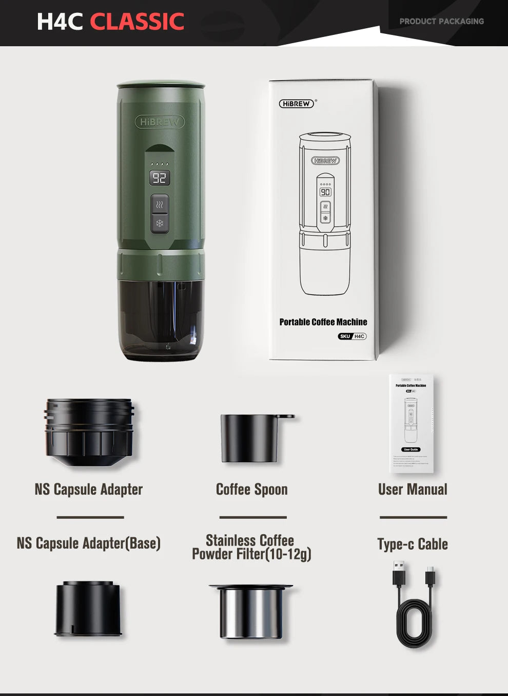HiBREW Portable Espresso Coffee Machine for Car & Home Camping Coffee Maker Fit Nespresso Dolce Capsule Powder H4C