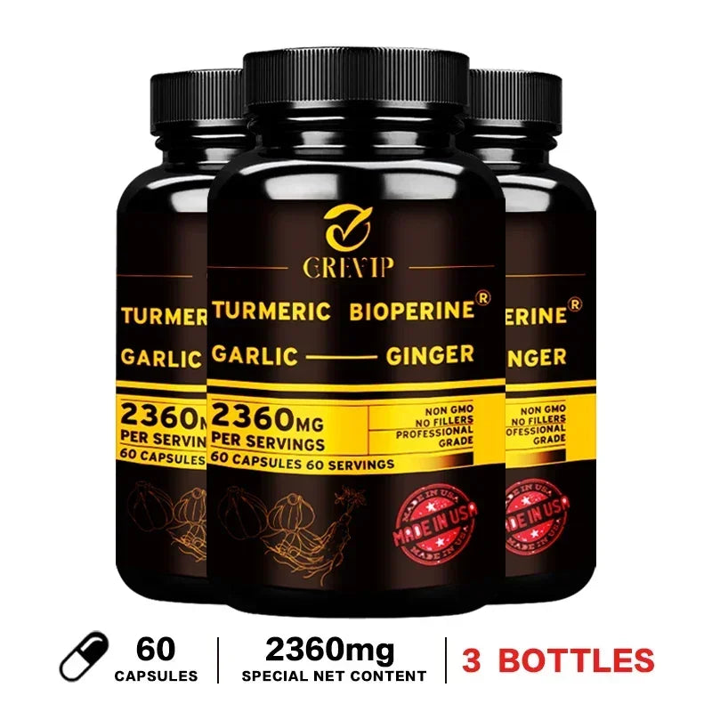 4-in-1 Turmeric Ginger Supplement - with Garlic Curcumin Black Pepper - Joints, Immune Support, Improves Digestion Supplement