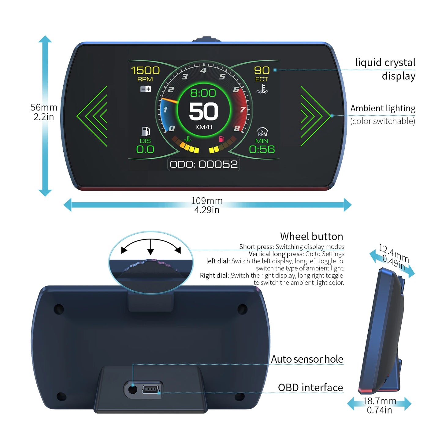 OBD2 Gauge P12 HUD Head Up Display Car Digital Auto Diagnostic Tools Digital Meter Speed RPM Water Temp Fuel consumption Voltage