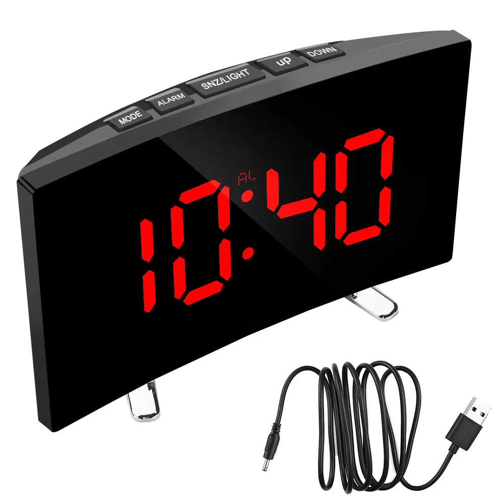 Curved Dimmable Mirror Clock Home Decors For Kids Bedroom 7 Inch Large Number Table Clock LED Screen Digital Alarm Clock
