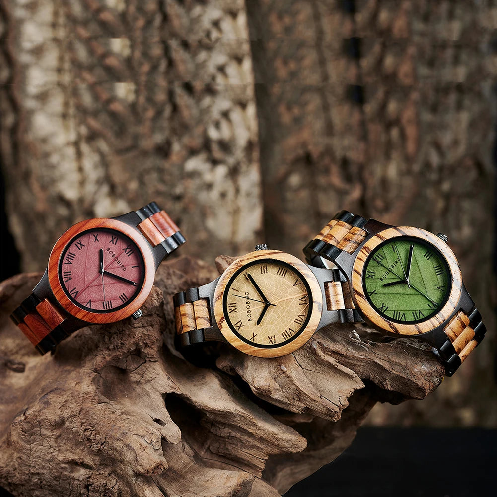 BOBO BIRD Men's Wood Watch with Genuine Leaf, Original Wooden Clock, Customized Watch, Handmade Watch, Anniversary Gift for Man