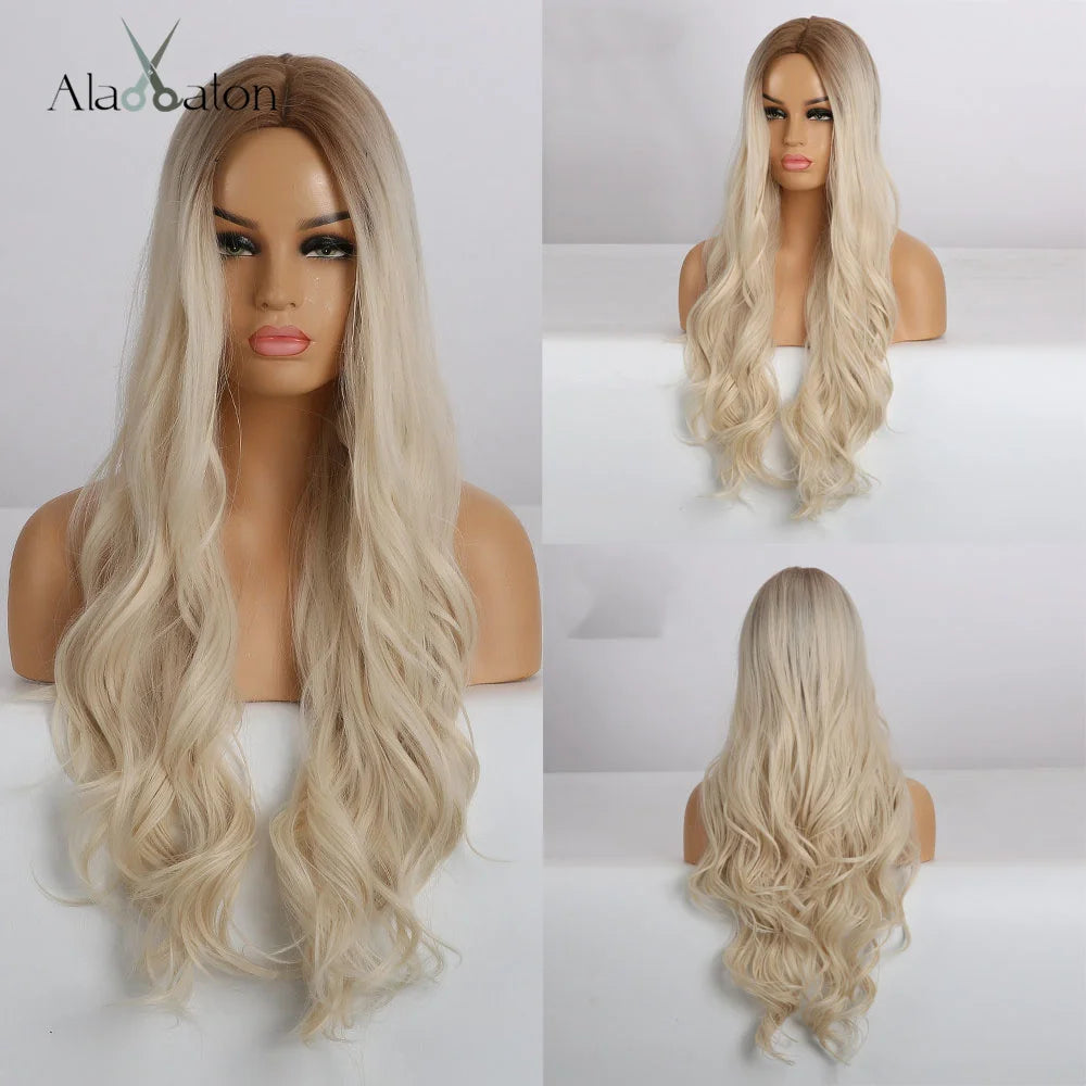 ALAN EATON Long Curly Wavy Synthetic Wigs for Women Brown to Blonde Ombre Hair Wig Ntural Middle Parted Party Wig Heat Resistant