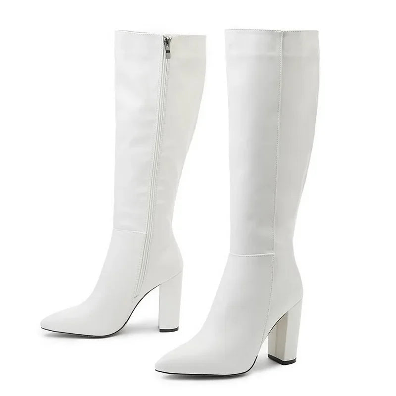 Sexy Pointed Toe Side Long Zipper Knight Boots Fashion Soft Leather Knee-high Women Boot Square High-heeledclub Dance Party Shoe