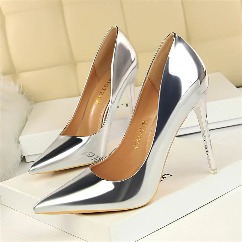 Fashion Metal Women Patent Leather Shallow Mouth Thin High Heel Shoes Elegant Comfort Pointed Toe Gold Silver Party Heel Pumps