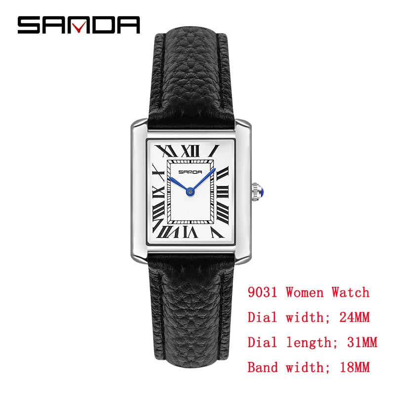 SANDA Men Women Rectangular Quartz Wrist Watches for Casual Ladies Stainless Watches Luxury Leather Lovers Gift Box Clock