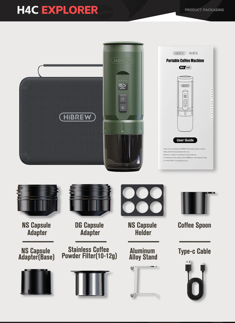 HiBREW Portable Espresso Coffee Machine for Car & Home Camping Coffee Maker Fit Nespresso Dolce Capsule Powder H4C