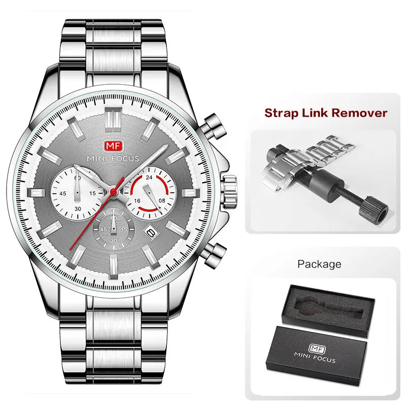 MINI FOCUS Chronograph Quartz Watch Men Silver Blue Waterproof Luminous Dress Wristwatch with Date Stainless Steel Strap 0469