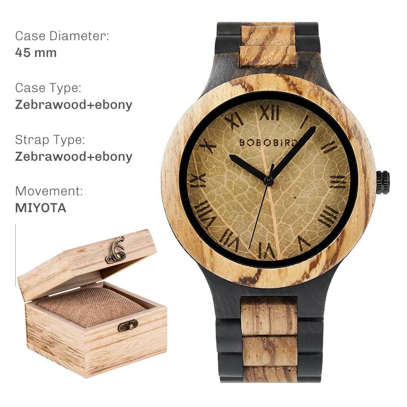 BOBO BIRD Men's Wood Watch with Genuine Leaf, Original Wooden Clock, Customized Watch, Handmade Watch, Anniversary Gift for Man