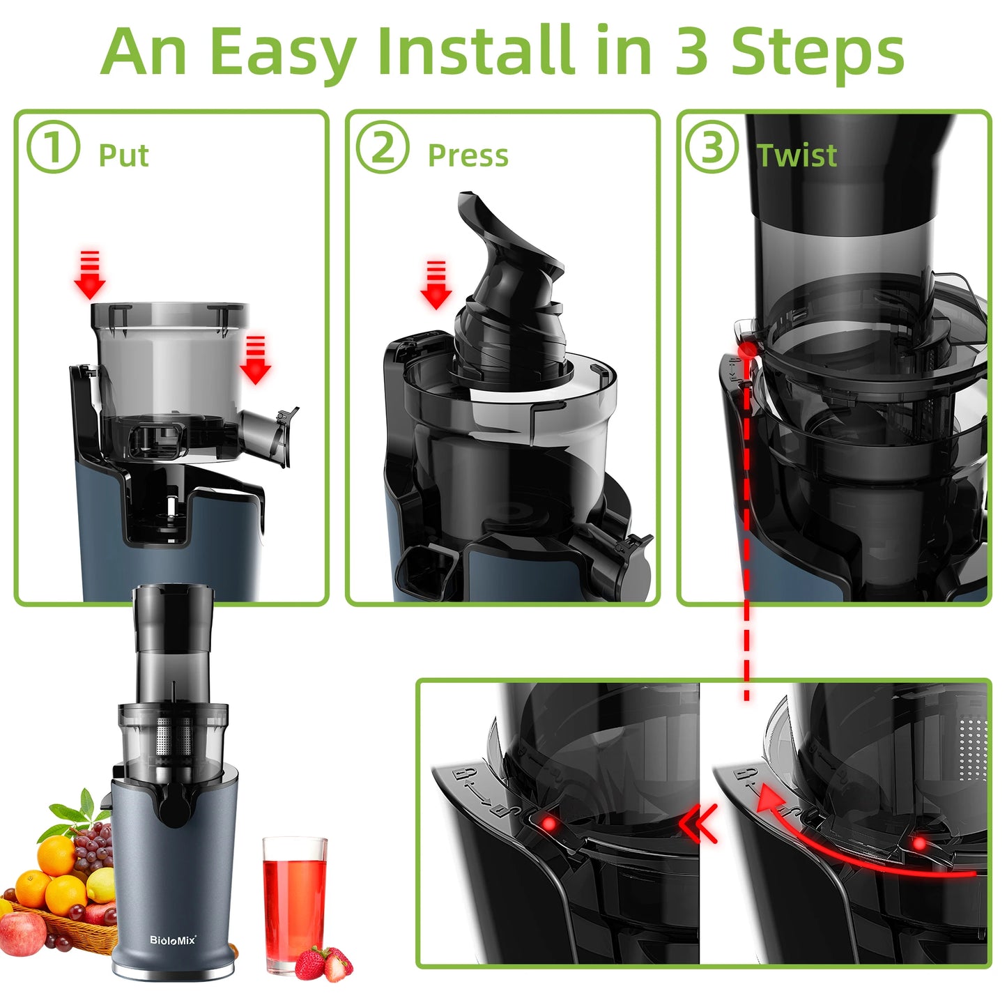 BioloMix 200W Cold Pressed Juicer with 78mm Feed Slot, Crushed Juice Extractor Fits Whole Fruits and Vegetables, Easy to Clean