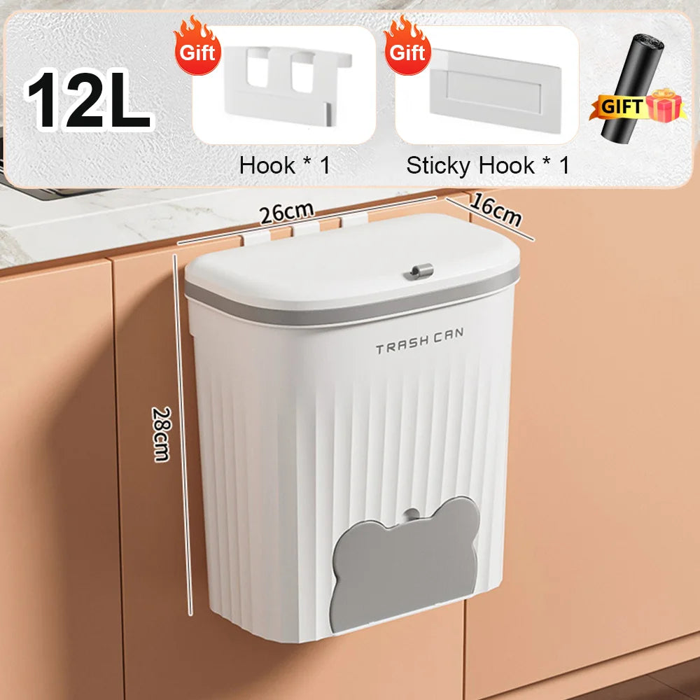 8.5/12L Kitchen Wastebasket Wall Mounted Trash Can With Lid Bathroom Trash Bin Garbage Can for Cabinet Under Sink Compost Bin - Merit Sell
