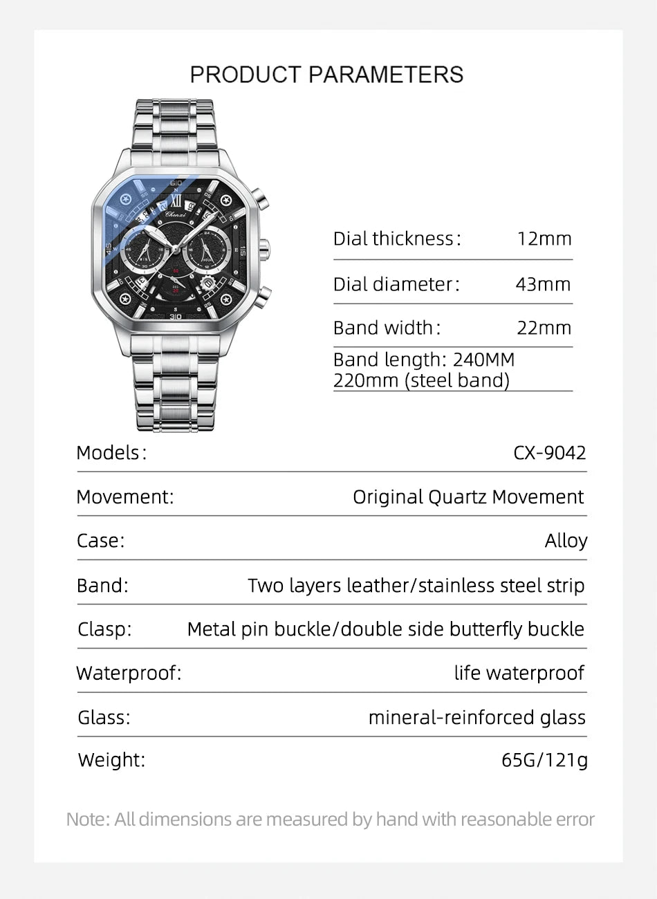 CHENXI High Quality Multifunctional Business Leisure Watches For Man Square Dial Leather Strap Quartz Wristwatches Clock Gifts