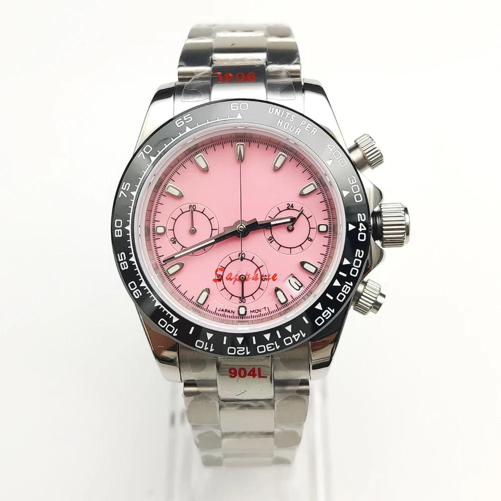 20 Colors dress 39mm Quartz Chronograph Sapphire Crystal Stainless Luminous Men's Watch VK63 Movement Calendar Strap