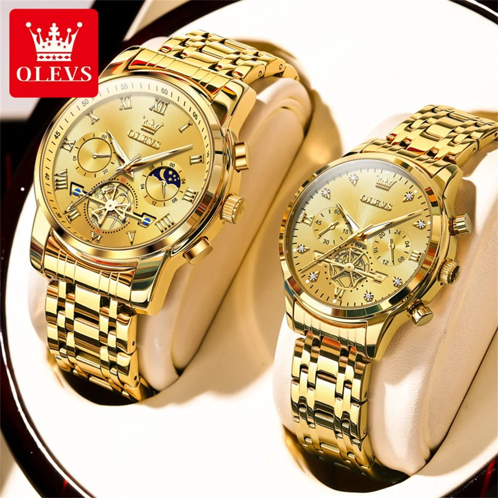 OLEVS Top Brand Couple Watches Stainless Steel Waterpoof Chronograph Moon Phase Flywheel Design Lover's Wristwatch for Men Women