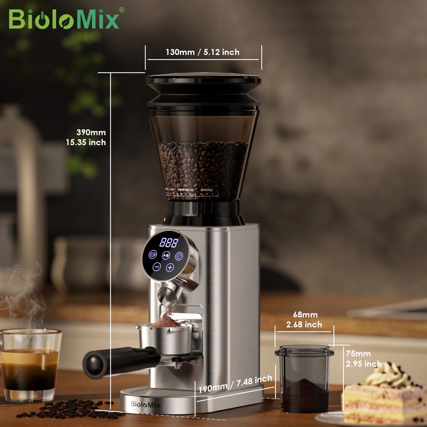 BioloMix Electric Conical Burr Coffee Grinder with Removable Holder,with 48 Grind Settings Adjustable,for Espresso Coffee