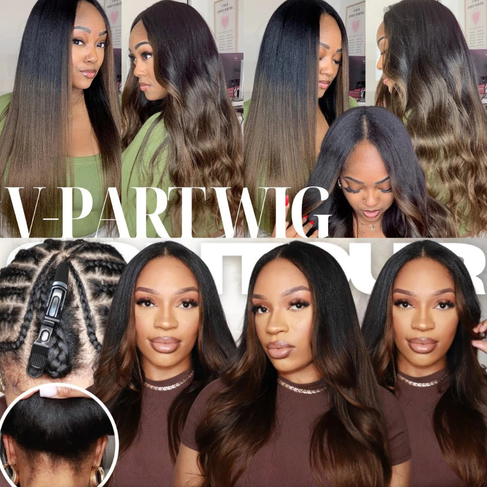 UNice Chestnut Brown Yaki V Part Wig 100% Human Hair Wigs With Drawstring Beginner Friendly Glueless Wig 150% Density