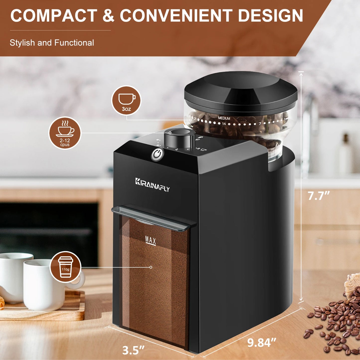 Merit Sell electric burr coffee grinder in black with compact design and coffee beans inside