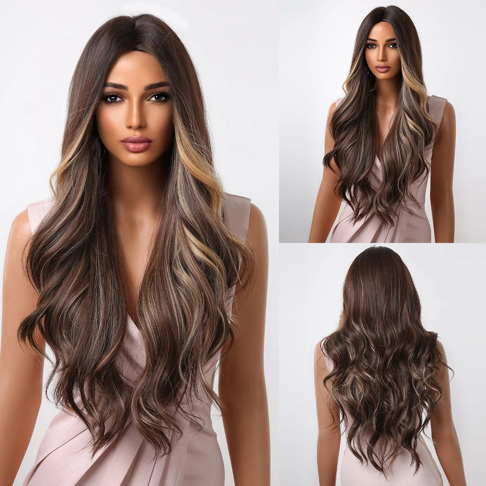 ALAN EATON Long Curly Wavy Synthetic Wigs for Women Brown to Blonde Ombre Hair Wig Ntural Middle Parted Party Wig Heat Resistant