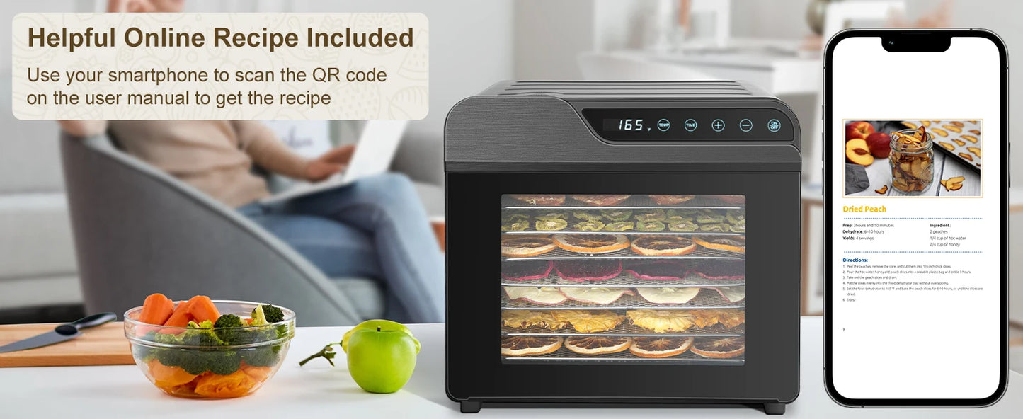 8-Tray Stainless Steel 625W, 165°F for Jerky/Fruit/Dog Treats, 50 Recipes, ≤48dB, Auto Shutoff, Dishwasher Safe Food Dehydrator