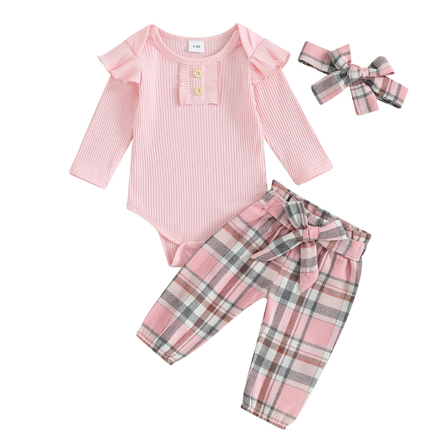 FOCUSNORM 3pcs Infant Baby Girls Fall Clothes Sets 0-18M Solid Color Buttons Long Sleeve Rompers Plaid Print Pants Headband
