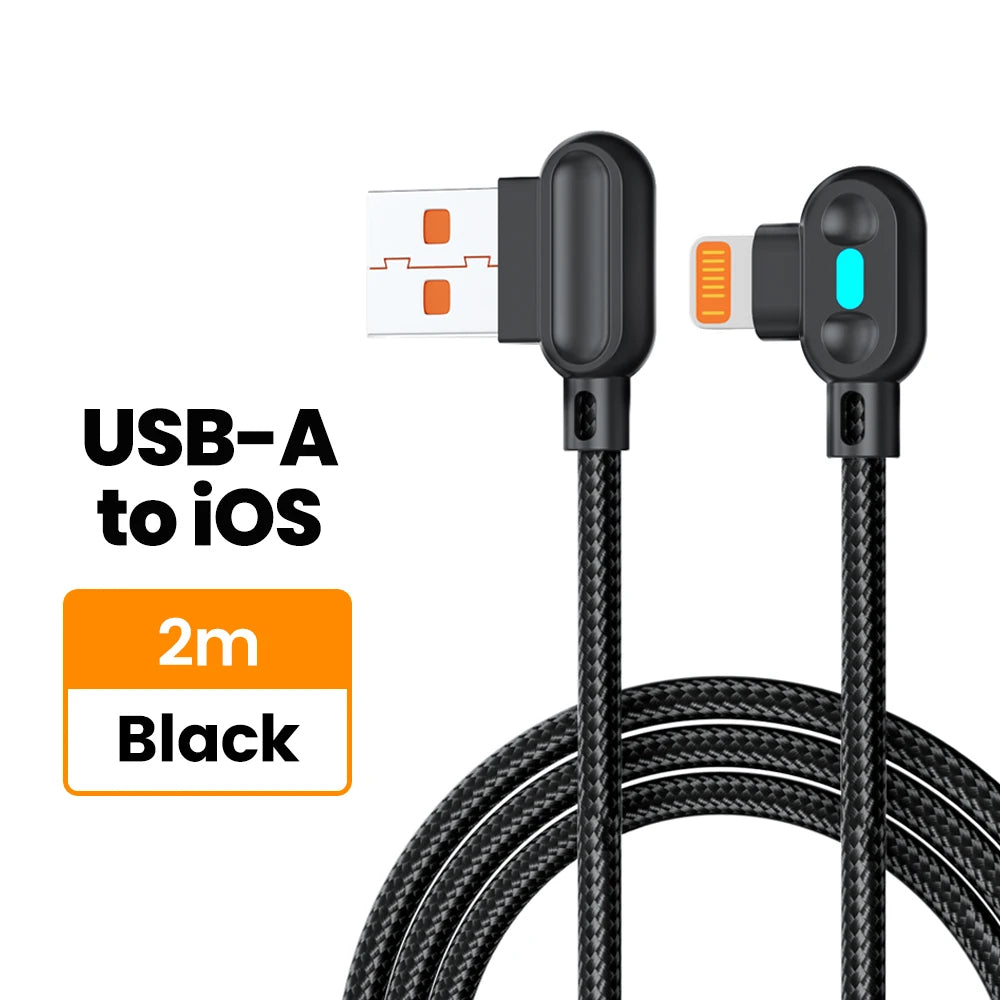 100W USB To Type C Fast Charging Cable 90° Double Elbow Bend Mobile Game Fast Charging Cable For Xiaomi Huawei With LED 0.25m/1m