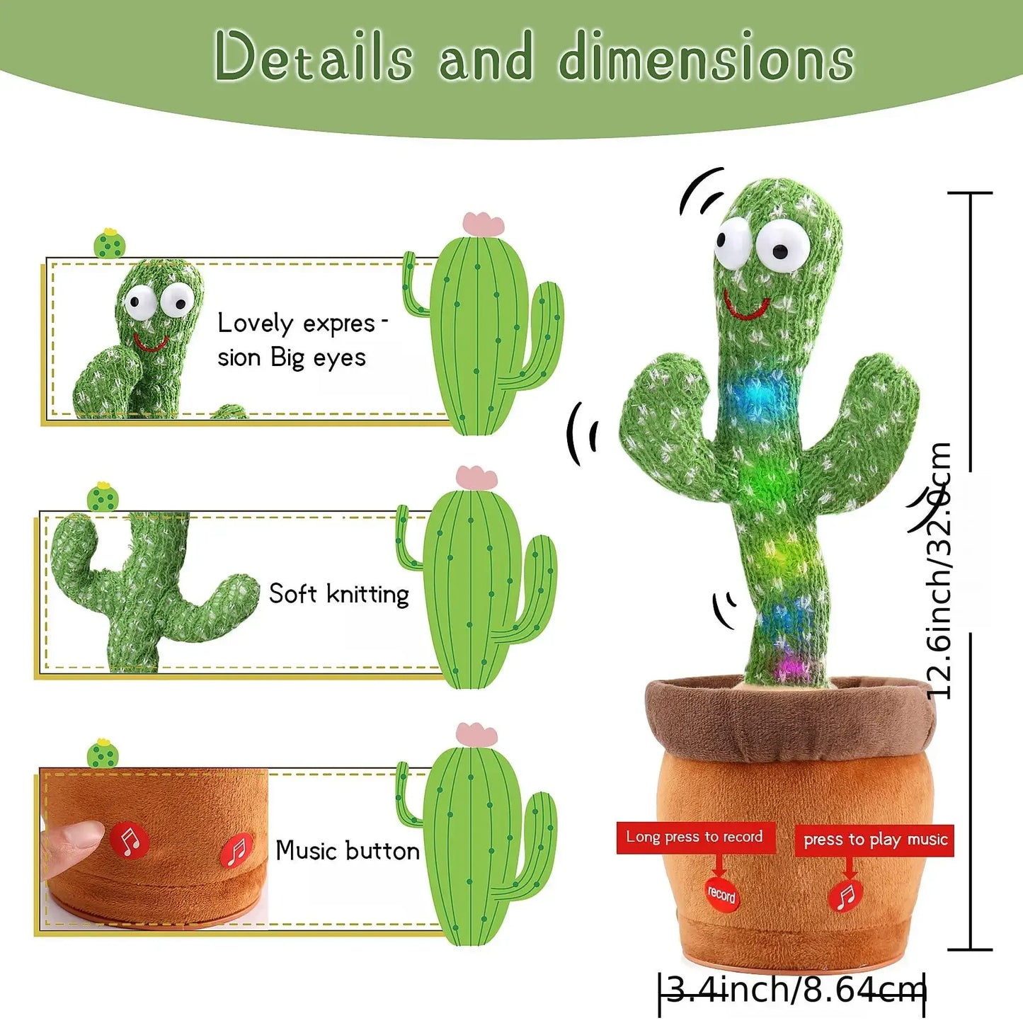 Rechargeable Dancer Cactus Glowing Dancing Electronic Plush Toys Can Sing Record Lighten for Baby Toy Education Funny Gift - Merit Sell