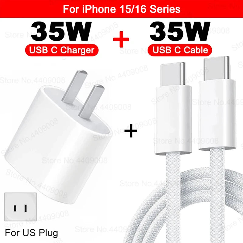 PD 35W USB C Fast Charger For Apple iPhone 16 15 14 13 12 11 Pro Max Fast Charging USB C Type C Charger Cable Phone Accessories
