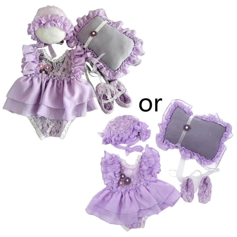 5 Pcs Newborn Photography Props Baby Lace Cute Romper Dress Hat Pillow Shorts Shoes Set Soft Cotton Bodysuit Jumpsuit