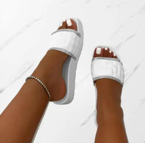 new women summer new square-headed simple rhinestone slippers women's large thick bottom beach slippers/sandals