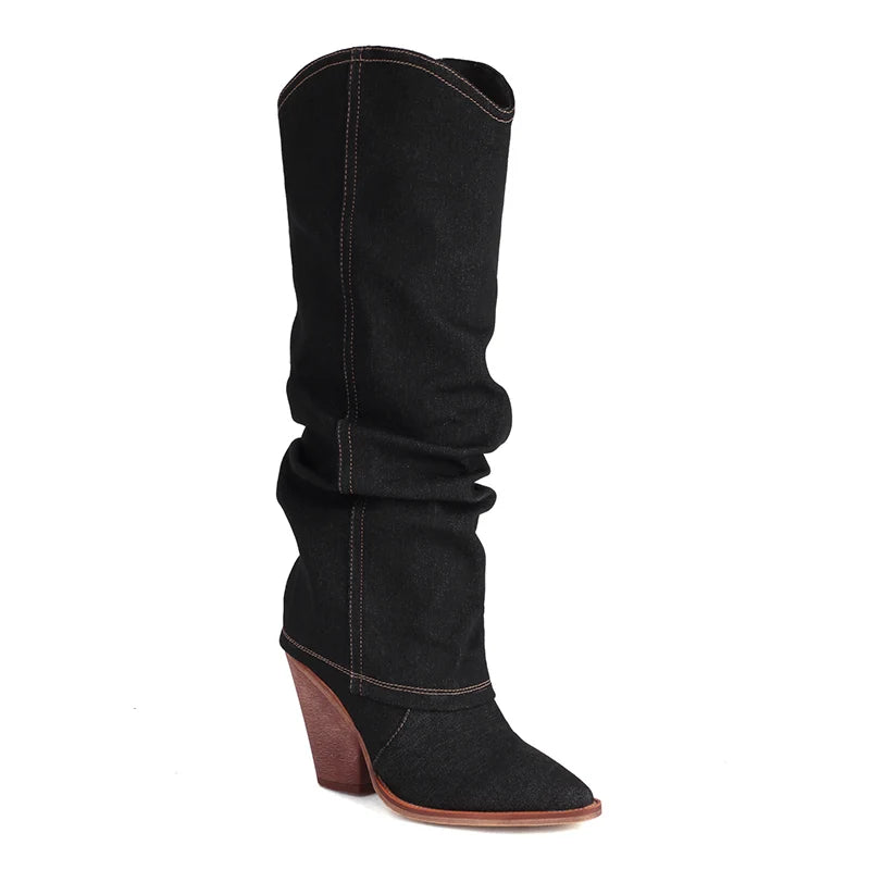 Kcenid Women Denim Knee High Boots Pointed Toe Slip-on Women High Heels Long Boots Sexy Pleated Solid Party Shoes Woman